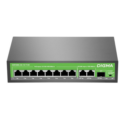Коммутатор DSP208G-2G-1S-T120 (L2) 10х1Гбит-с 1SFP 8PoE 8PoE+ 120W от Digma – 5 690 рублей | Характеристики, рекомендации и обзор устройства